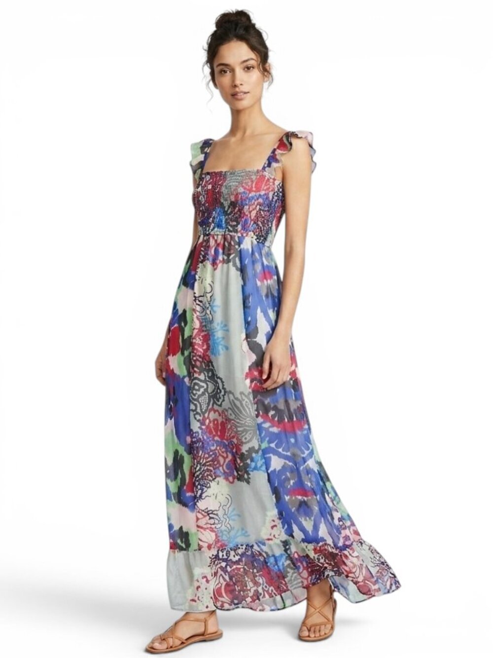 DEPT Long Colorful Floral Smocked Bodice Ruffle Strap Maxi Dress New NWT M